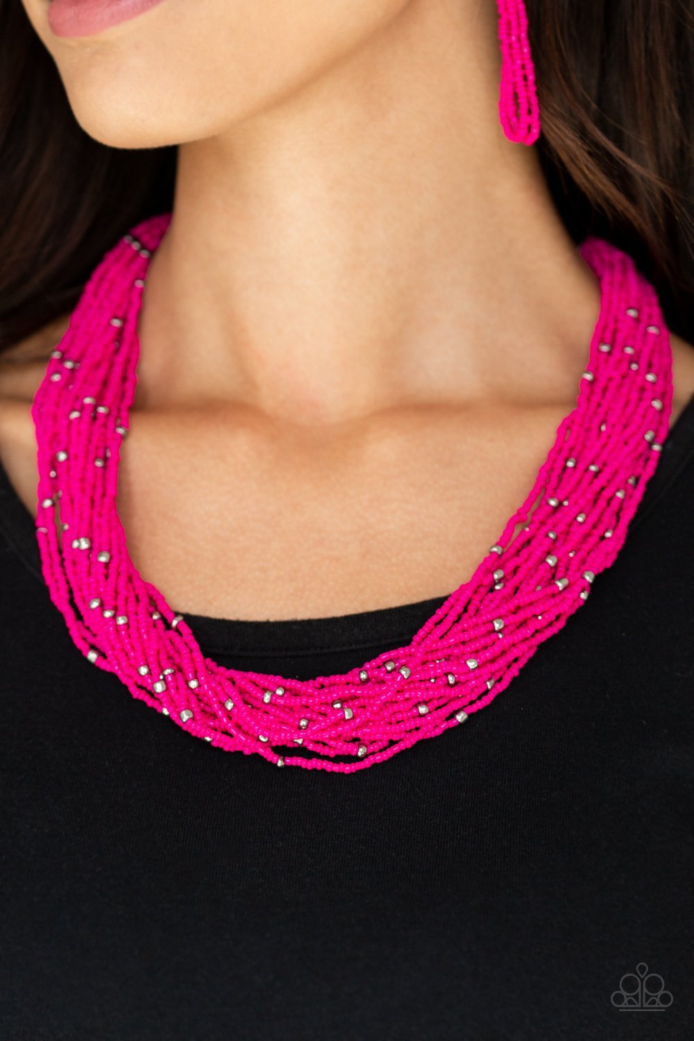 Paparazzi Summer Samba - Pink Peacock Seed Bead Metallic Accent Necklace